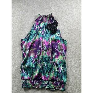 BCX Top Womens Medium Multicolor Halter Floral‎ Smocked Neck Ruffle Hem Blouse